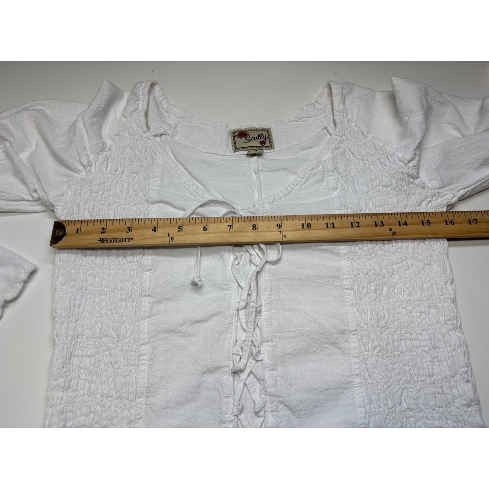 Scully Blouse Womens S White Smocked Bell Sleeves Lace Up Western Festival - Picture 6 of 8